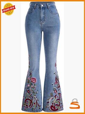 Floral Embroidery Bell Bottom Jeans Y2K Casual Denim Flare Pants Women